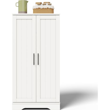 Armoire haute de rangement blanche MDF 120×60×40 cm deux portes motif 3D ondulé poignées métal, éclairage LED rechargeable à détection d’ouverture, étagère modulable pour cuisine salle à manger salon (1/5)