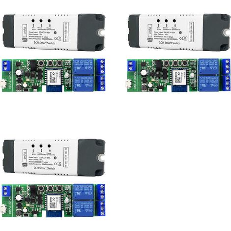 Lot de 3 modules relais intelligents Tuya WiFi 2 canaux AC/DC 7-32V avec télécommande sans fil RF/APP pour la maison connectée, compatibles avec Alexa et Google Home. (1/5)