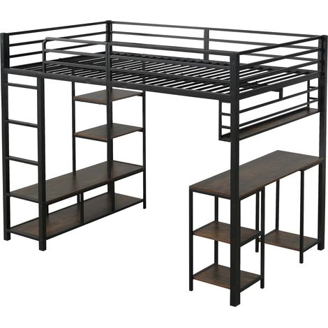 Letto a soppalco in metallo con scrivania e ripiano 120x200 cm nero e noce scuro (1/5)