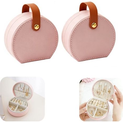 Boîtes à bijoux de voyage lot de 2 de 9 x 5 cm - écrins à compartiments pour bagues et colliers, rose (1/5)