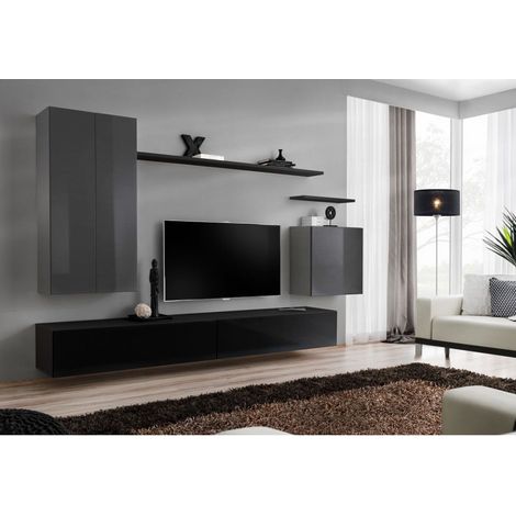 Ensemble mural - Switch XX - 1 vitrine LED - 1 banc TV - 1 étagère murale - Noir et graphite - Modèle 1 - Livraison gratuite