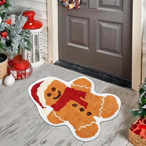 Felpudo navideño antideslizante para interiores y exteriores, bonito felpudo decorativo con forma de hombre de jengibre. (1/5)