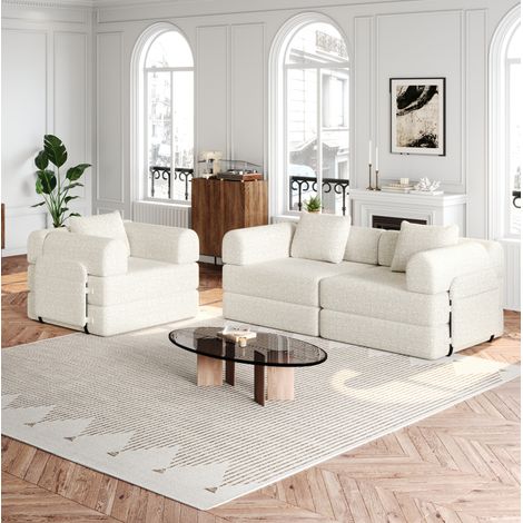 Schlafsofa Beige aus Chenille mit Stauraum in der Armlehne, Schlaffunktion und flexibler Modulkonfiguration (1/5)