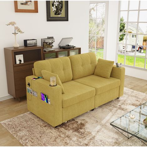 2-Sitzer Sofa 172x75x82 cm senfgelb Chenille mit Schubladen, USB-Anschlüssen, Getränkehaltern und Seitentaschen (1/5)