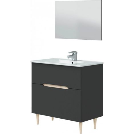 Mobile bagno a terra 80 cm 1 cassetto e 1 anta grigio antracite e rovere chiaro con specchio e lavabo ad incasso - Arles - Con specchio e lampada LED