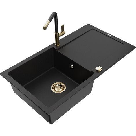 Mexen Leo lavello in granito 1-vasca con gocciolatoio e rubinetto cucina Flora, nero - 6501-77-670401-57-G (1/5)