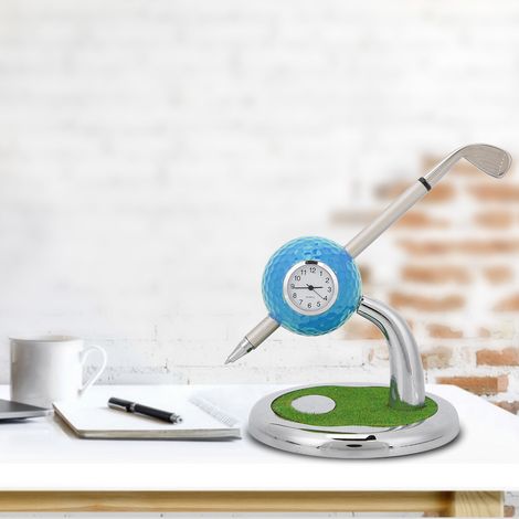 Horloge de bureau design en forme de balle de golf avec support stylo - Idée cadeau pour passionné de golf (bleu)