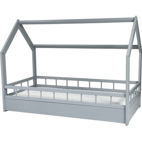 Kinderbett aus Holz - Hausbett - inkl. ECO-Matratze - 160x80 - mit Barrieren - grau