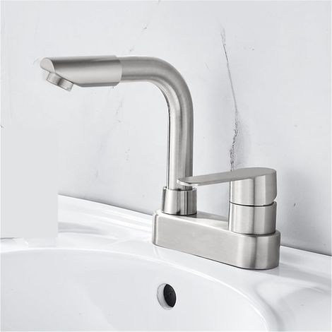 Robinet de cuisine Robinet mitigeur d'évier en acier inoxydable 304, robinet de lavabo de salle de bains, robinet en céramique d'eau chaude et froide, robinet à poignée à 2 trous (1/5)