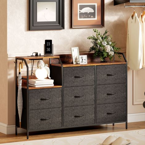 Cassettiera, mobile contenitore con stazione di ricarica, 8 cassetti in tessuto, ripiano a giorno, 130,5x30x88 cm, marrone