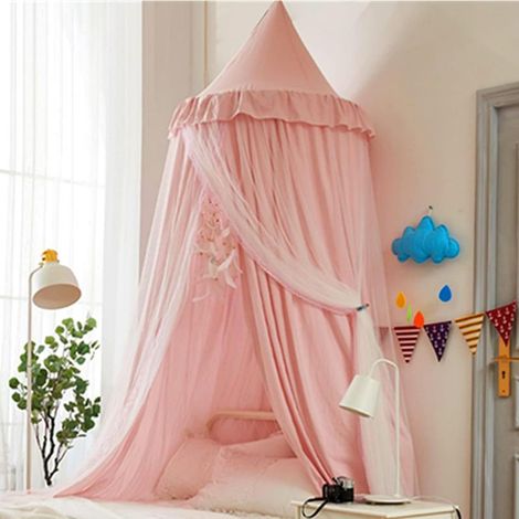 Baldaquin de lit pour Filles Double Couche Princesse Dôme Rond Enfants Moustiquaire rêveuse Linge Château Tente de Jeu Maison Suspendue Décor Niche de Lecture Baldaquins(Rose/Blanc) – Modèle (1/4)
