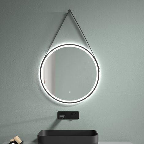 LED Spiegel Spiegelheizung Ø 60 oder 80 Schwarz Matt Warm-/Kaltlichteinstellung Badspiegel Lederschleife:80 cm (1/4)