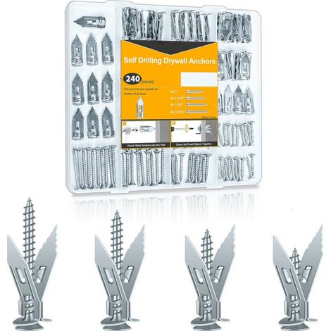 Ancres de paroi sèche auto-forage de 240Pcs, Ancres et kits de vis à mur sec en métal, Ancre amiable au locataire en argent pour Sheetrock, mur creux, étagères suspendues, miroirs, décor mural