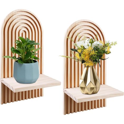 Set aus 2 Wandhalterungen aus Holz, im Bohème-Stil, kleines schwebendes Regenbogenregal, Dekoration für Schlafzimmer, Wohnzimmer, Badezimmer (Holzfarbe)