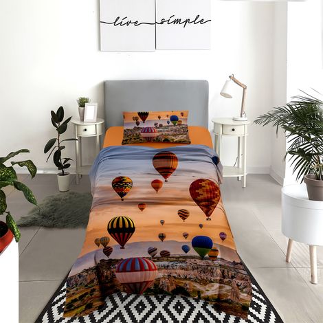 Completo Letto Lenzuola 100% Cotone Set Lenzuolo Moderno Sotto Sopra Federe Due Stampe In Altissima Definizione Dis78mongolfiere - Singolo
