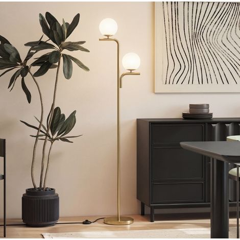 Lampada da terra LED moderna oro con doppia testa e paralumi in vetro (1/5)