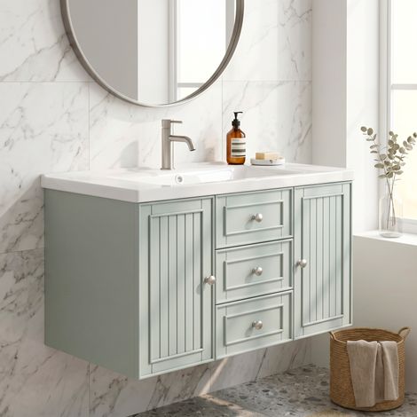 URBAN MEUBLE Meuble de Salle de Bain Suspendu 78cm avec Vasque, 3 Tiroirs, Vert (robinet non inclus)