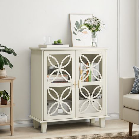 Buffet de salon avec portes en verre trempé et étagères réglables, beige, pour salon et salle à manger (1/5)
