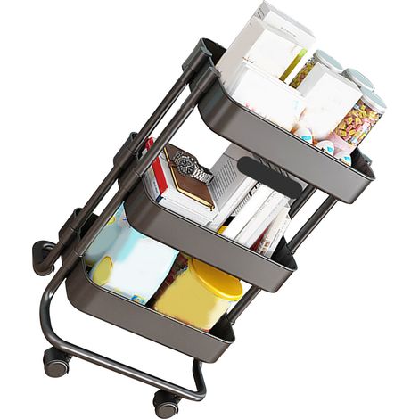 Chariot utilitaire roulant en métal à 3 niveaux, étagère de rangement multifonctionnelle pour loisirs créatifs, bureau, salle de bain, cuisine, chambre d'enfant, buanderie, noir avec poulie (1/5)
