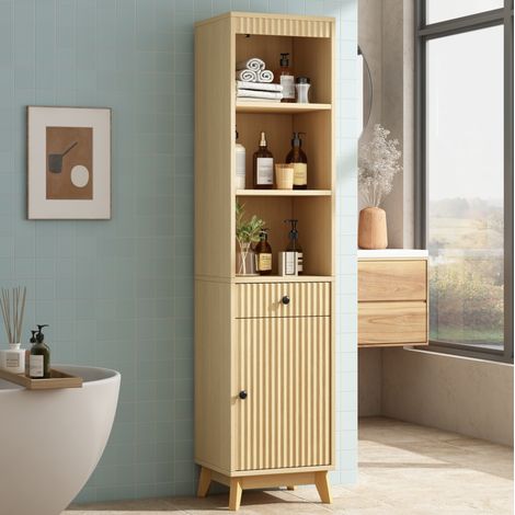 Columna de baño 40x36x172 cm de MDF natural, almacenaje modular y ahorro de espacio - MEUBLIV (1/5)