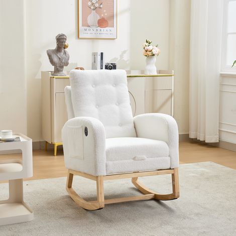 Chaise berçante blanche en bouclette avec port USB, repose-pieds réglable et poches latérales, salon, chambre, chambre d’enfant, 66,5 x 121,5 x 102 cm (1/4)