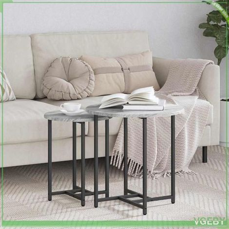 Table d'appoint - ABI - 2 pcs - Gris sonoma et Noir - Bois d'ingénierie et métal - Rond (1/5)