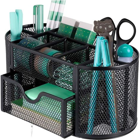 Desk Storage Organiser, Metal Mesh Desk Organiser/Pencil Holder/Desk Accessory/Pen Holder, Multifunction Office Supply for Home Office School, Black
