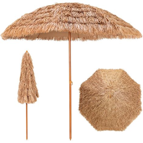 COSTWAY Sombrilla de Paja, Sombrilla Hawaiana con 8 Costillas de Metal, Botón de Presión, Parasol Portátil para Playa, Patio (1/5)
