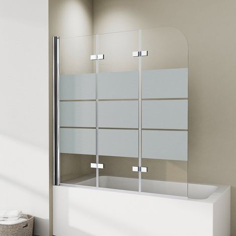 Duschwand für Badewanne 3-teilig 140x140cm Badewannenaufsatz Duschtrennwand für Badewanne Duschwand Badewanne Faltwand Duschabtrennung Badewanne, 6mm ESG Glas mit Milchglas Streifen (1/5)