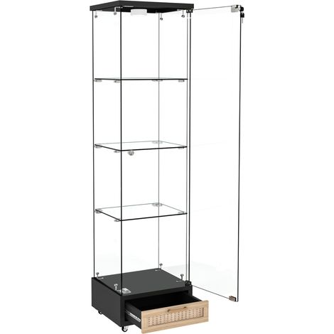Vetrina moderna in vetro con cassetti, LED, armadio a 1 anta in vetro temperato, nera (1/5)