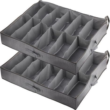 Lot de 2 Sacs de Rangement Chaussures, avec Fenêtre Transparente, Boite Rangement Sous Lit Pliable avec Poignées, pour Organisateur Chaussures, 12 Compartiments, Gris (1/5)
