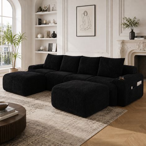 Canapé Modulable 4 Places en Velours Côtelé Noir avec 2 Poufs et Porte-Gobelet -PANGIVO (1/5)