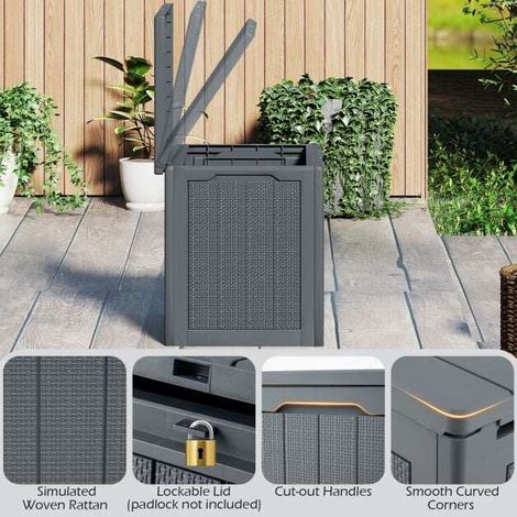 Coffre de rangement extérieur 96L gris imitation rotin tressé avec couvercle verrouillable et poignées pour jardin (1/5)