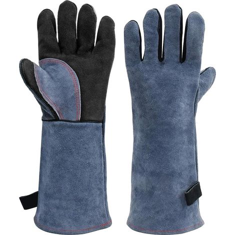 40 cm, Grillhandschuhe aus Leder, feuer- und hitzebeständige Handschuhe zum Grillen, Schweißen, Brandbekämpfung, Kamin, Ofen, Backen, Herd, Topflappen, Umgang mit Tieren. Grau-schwarzer großer feuerfe