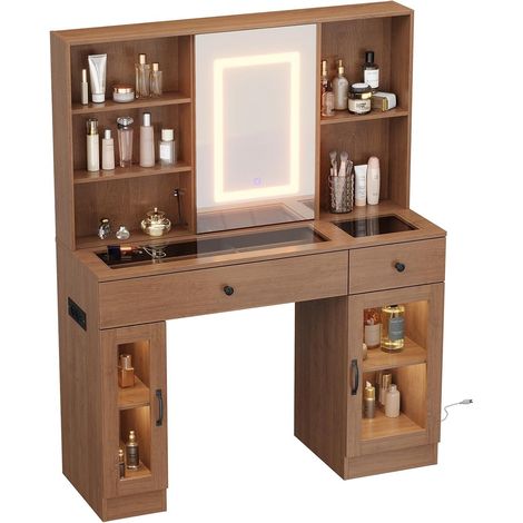 Coiffeuse avec miroir coulissant et éclairage LED à 3 couleurs, plateau en verre trempé, tiroirs de rangement et prises USB/AC intégrées