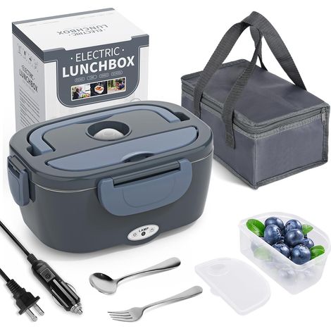 Boîte à déjeuner électrique 3 en 1 ultra rapide pour adultes, 12 V/24 V/110 V, chauffe-aliments portable pour voiture/camion/bureau avec fourchette, cuillère et sac de transport isotherme (1/5)