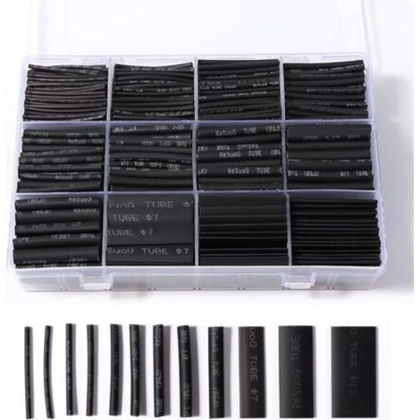 Black heat shrink tubing for electrical insulation – pack of 900 pieces, 12 sizes, 2:1 ratio, high strength