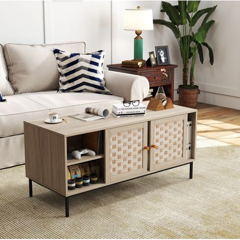 MODFU – Table basse 106x50x47,5 cm bois d'ingénierie – 4 portes coulissantes amovibles et cloisons réglables – Pieds métal et charge 25,9 kg – Salon – Chêne (1/5)