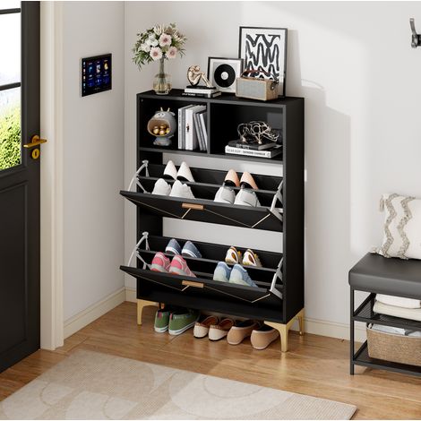 Mobile portascarpe 80x25x117 cm nero in MDF con ripiani aperti, 2 ante a ribalta e struttura rialzata (1/5)