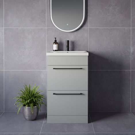 Napoli 390 Gloss Grey Pearl 500mm 2 Drawer Vanity Unit with Glide Basin - 500mm - Matt Black 320mm Handle