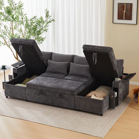 Seyakany Canapé convertible 4 places,porte-gobelet,rangement,canapé d'angle en U,accoudoir avec rangement,chenille + velours côtelé,beige (1/5)
