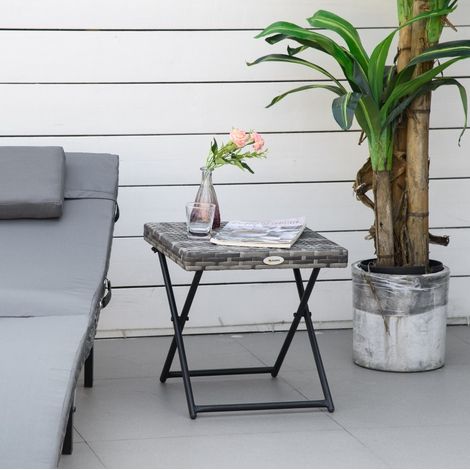 Mesa auxiliar de jardín en poliratán gris, cuadrada, plegable, con estructura metálica (1/5)