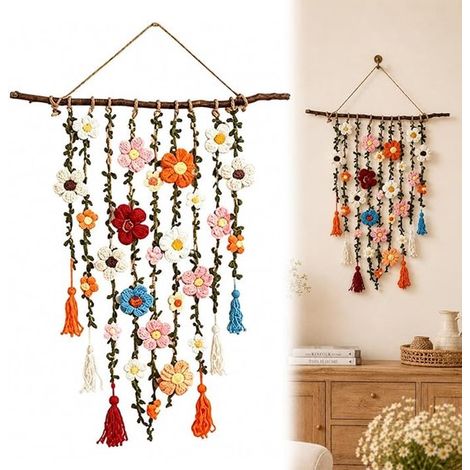 Tapisserie murale en macramé - Décoration bohème - Motif floral - Idéale pour une pendaison de crémaillère, un anniversaire ou comme cadeau - Multicolore