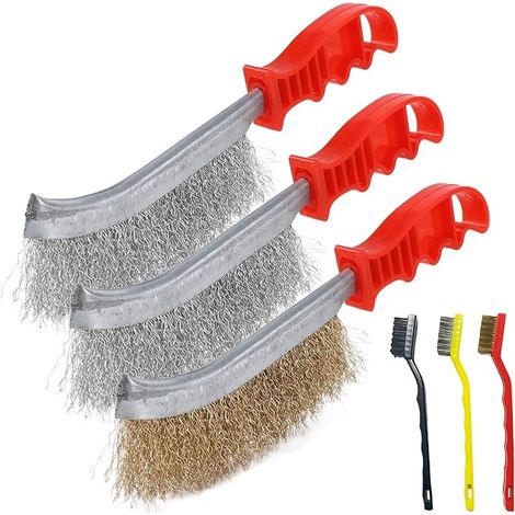 Set of 6 Wire Brushes - 2 Large Stainless Steel Brushes, 1 Brass Brush and 3 Small Brushes for Rust Stripping and Metal Cleaning (1/4)