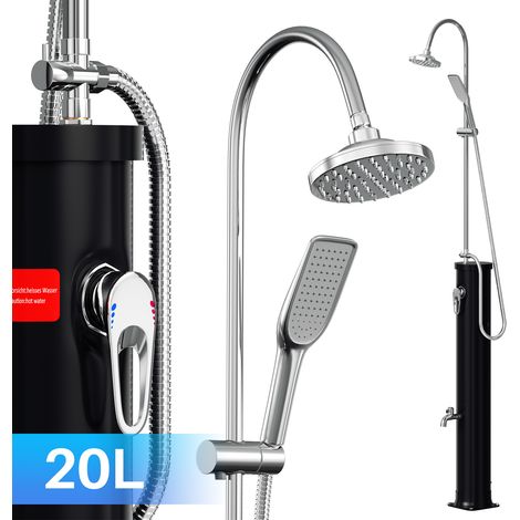 Randaco Douche solaire 20 L avec robinet et demi-colonne - Housse de protection, bouchon de vidange, douchette à main inclus (douche de jardin, douche de piscine, camping)
