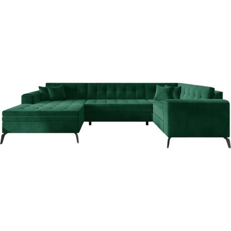 Canapé panoramique convertible BONTY tissu matelassé-Vert-Méridienne A gauche (1/5)