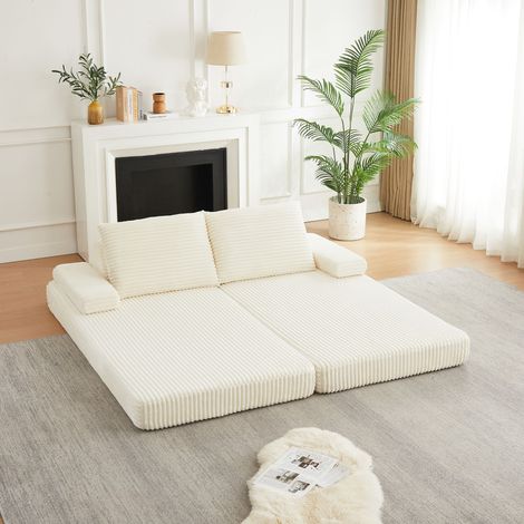 Canapé beige convertible modulable 211 cm en velours côtelé, 2 dossiers triangulaires mobiles, 2 accoudoirs am ovibles, 2 coussins, couchage d’appoint beige (1/5)