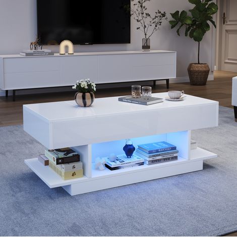 Table basse relevable 98x45x40 cm blanche en panneau de particules avec LED et rangement (1/5)