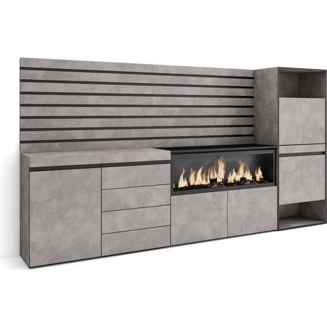 Skraut Home - Aparador, Con almacenamiento, 274x145x35 cm, Dormitorio, habitación, Chimenea eléctrica XXL, Cómoda, Cajonera, Zapatero, Estilo Moderno, Gris Cemento (1/5)