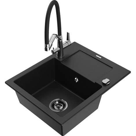 Mexen Enzo 1 Becken-Granitspüle mit Abtropffläche und Mischbatterie Duo, Schwarz - 6506-77-671701-07